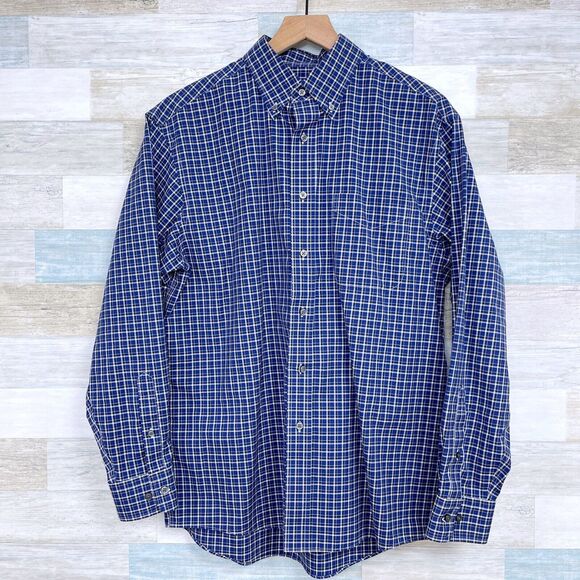 Jos A Bank Traveler Button Down Shirt Blue Black Plaid Long Sleeve Mens Medium - Picture 1 of 5